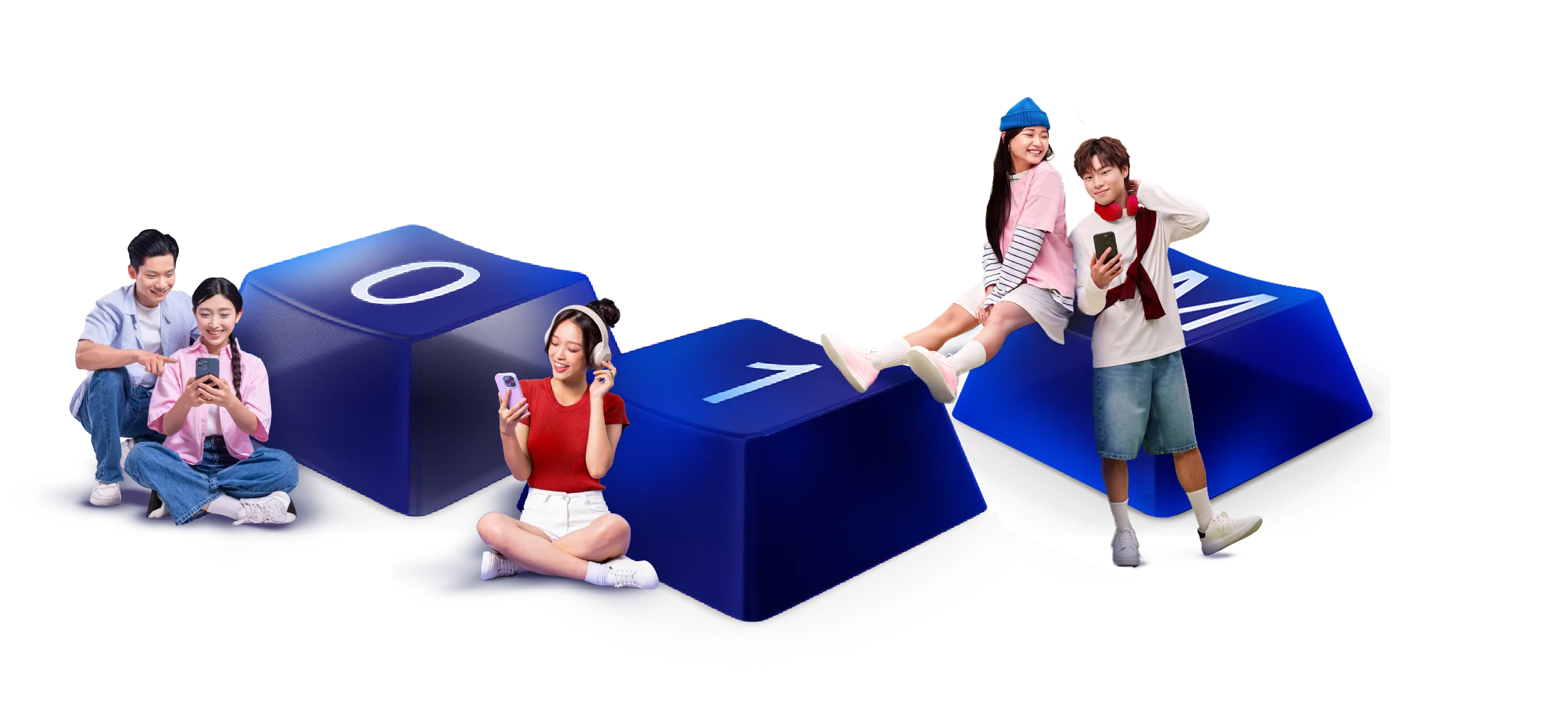 Các bạn học sinh dùng điện thoại, ngồi bên ba phím bàn phím 0, 1 và M